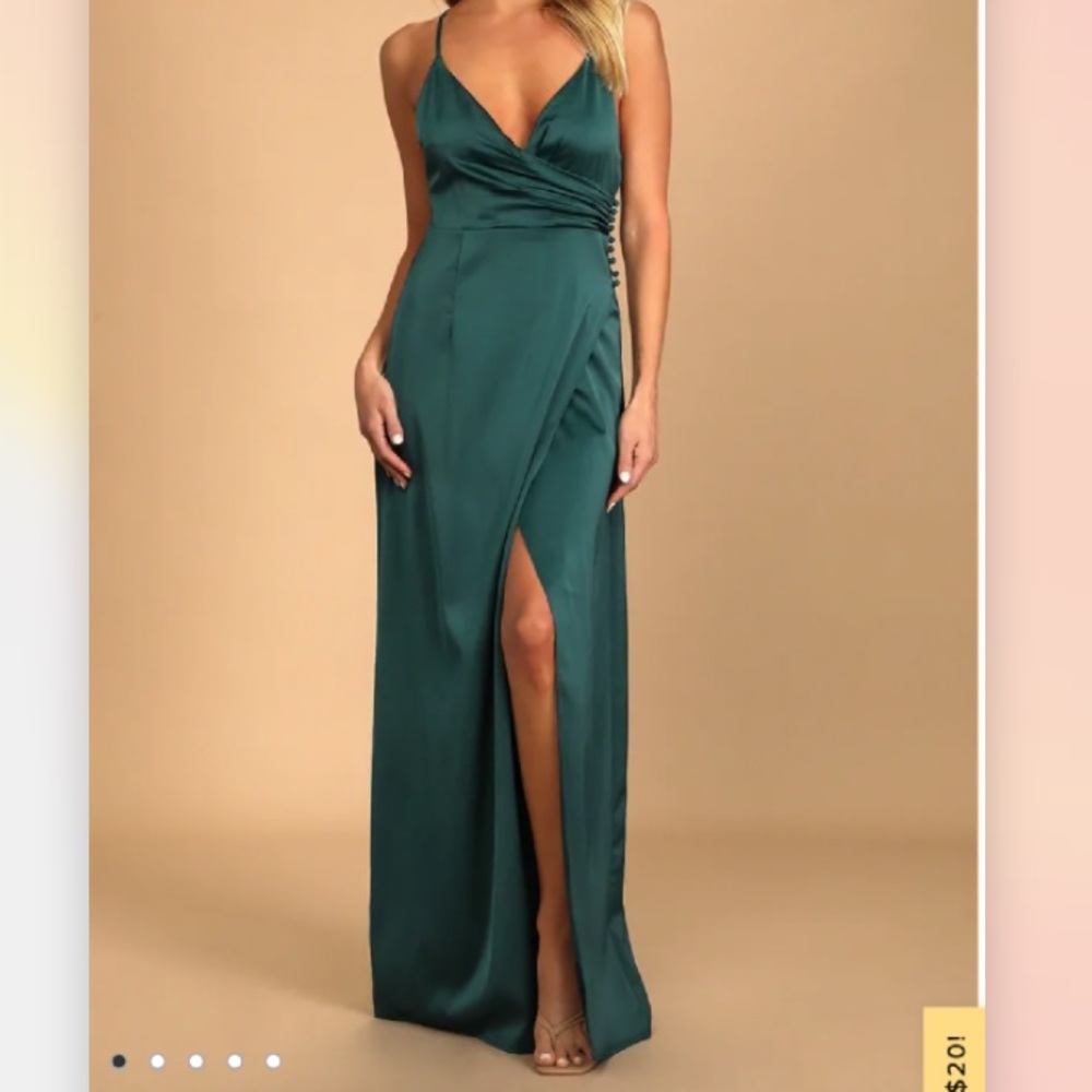NWT Lulu’s Outstanding Elegance Teal Green Satin Surplice Maxi Dress, M